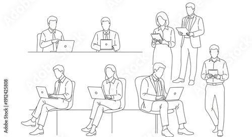 People Working on Laptops in Various Poses.