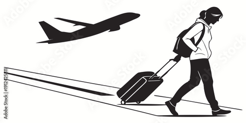 A person pulling a suitcase while an airplane flies overhead on a runway.
