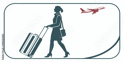 Businesswoman walking with luggage towards a plane at the airport.