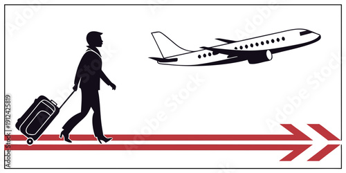A person with luggage walking towards an airplane, symbolizing travel and departure.