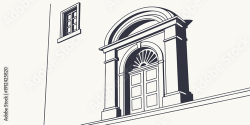 A grand entrance with a semi-circular pediment and a fanlight window above the door