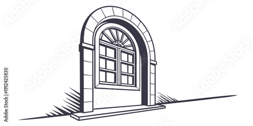 A detailed illustration of an arched doorway with a set of stairs leading up to it