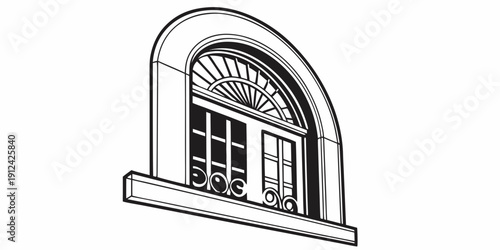 An intricate and elegant window design with a semi-circular fanlight above it.