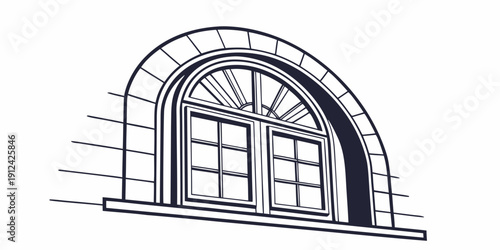A large arched window with multiple panes and a stone frame