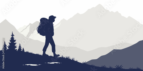 A silhouette of a hiker with a backpack trekking through a mountainous landscape