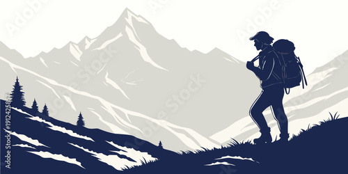 A lone hiker stands atop a mountain, overlooking a vast landscape