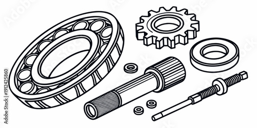 Assorted mechanical components including gears, bearings, and shafts