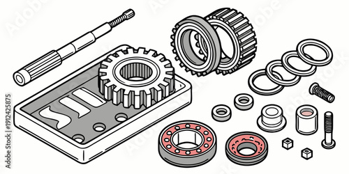 Assorted mechanical parts and components laid out on a surface