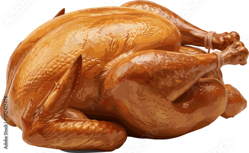 Realistic whole roasted golden brown turkey with tied legs for Thanksgiving dinner in flat vector style