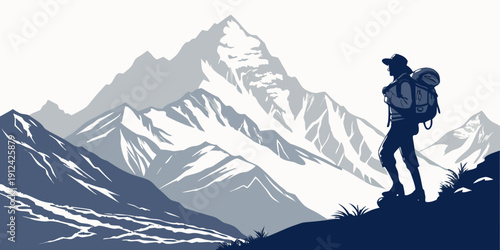 A hiker with a backpack stands on a mountain ridge overlooking a snow-covered peak