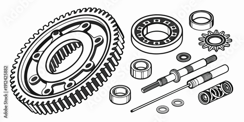 Assorted mechanical components including gears, bearings, and fasteners.