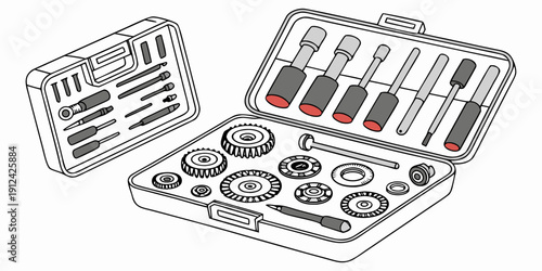 A vintage makeup palette with various colors and applicators
