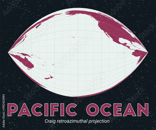 Pacific Ocean. World map. Craig retroazimuthal projection centered to Pacific Ocean. Pale Mint Dark Pink palette. Vintage texture. Alive vector illustration.