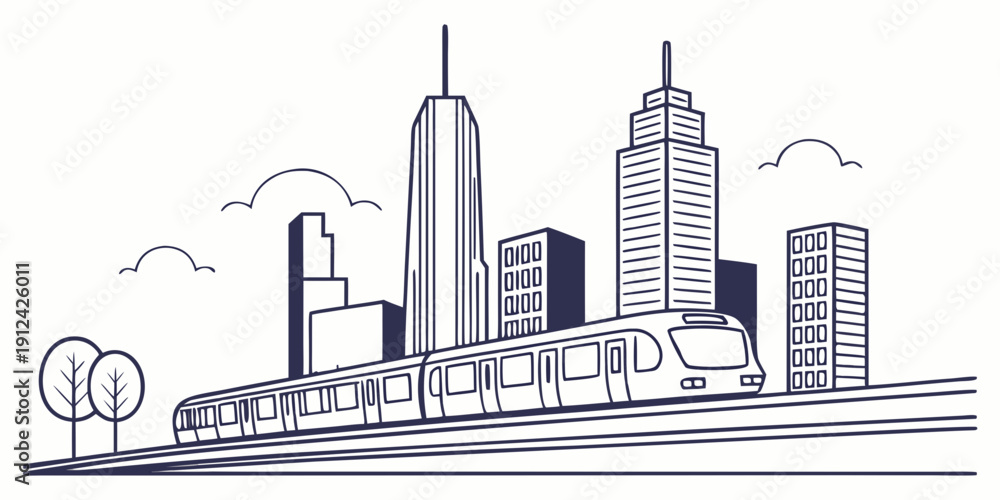Fototapeta premium A futuristic cityscape with a high-speed train traveling through the urban environment