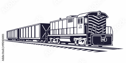 A detailed black and white illustration of a freight train on a railway track