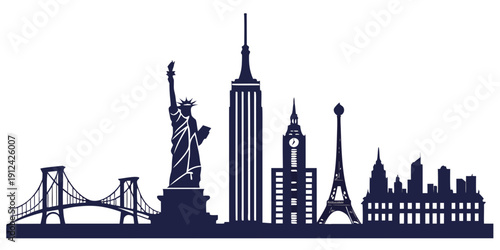 Iconic landmarks from around the world depicted in a single skyline silhouette