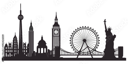 Iconic landmarks from around the world in a single silhouette illustration