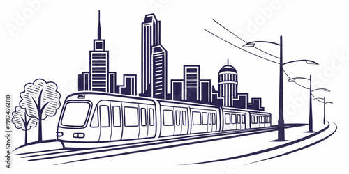 A modern cityscape with a tram and skyscrapers under a clear sky