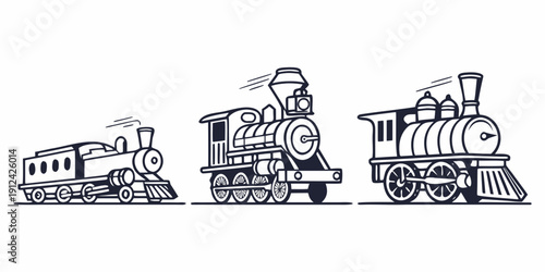 Three vintage steam trains illustrated in a classic black and white sketch style.