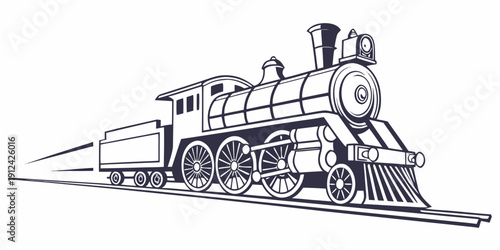 A detailed illustration of a vintage steam locomotive on a railway track