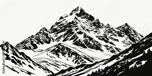 Majestic snow-covered mountains rise into the clear blue sky