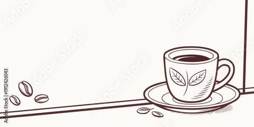 A beautifully illustrated cup of coffee with beans and a leaf design on the cup