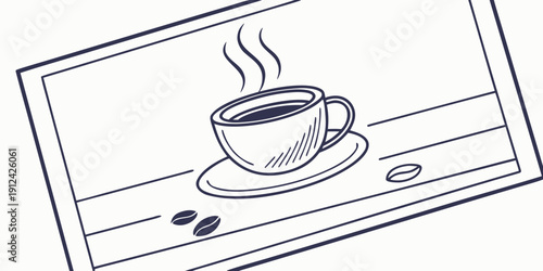 A steaming cup of coffee on a saucer with a spoon and coffee beans nearby