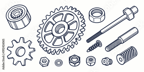 An assortment of mechanical components including gears, bolts, and screws.