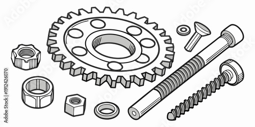 A detailed illustration of various mechanical parts and tools