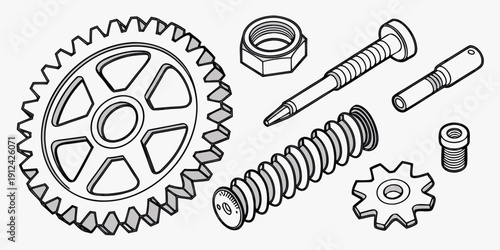 Assorted mechanical parts including gears, springs, and screws