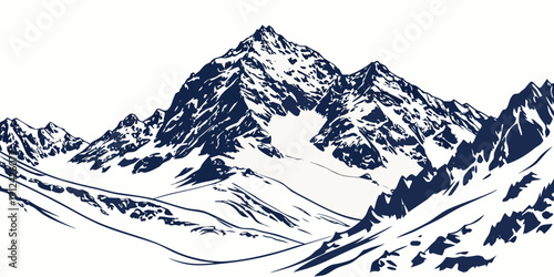 Majestic snow-covered mountains with rugged peaks and deep valleys