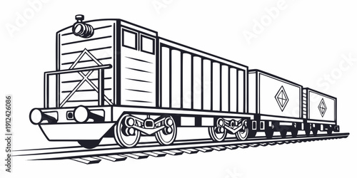A detailed black and white illustration of a train with a single carriage