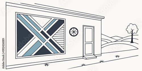 A modern house with a unique window design and a tree in the background.