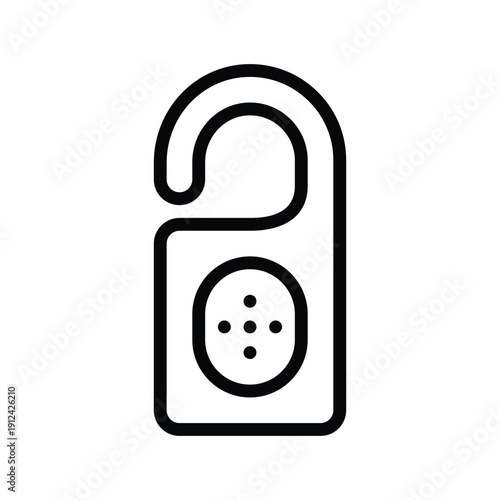 A minimalist black and white line drawing of a door hanger sign with a circular element and dots. Single Line Icon.