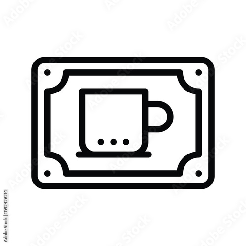 A minimalist black and white line drawing of a coffee cup with steam rising, placed on a decorative plate. The design is clean and modern. Single Line Icon.