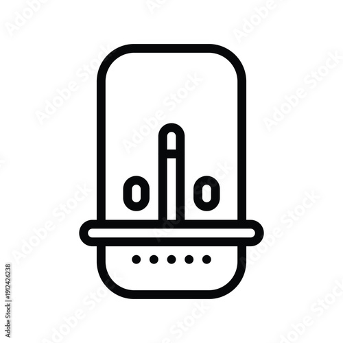 A clean, minimalist line art icon representing a modern water dispenser, featuring a central spout and indicator lights. Single Line Icon.