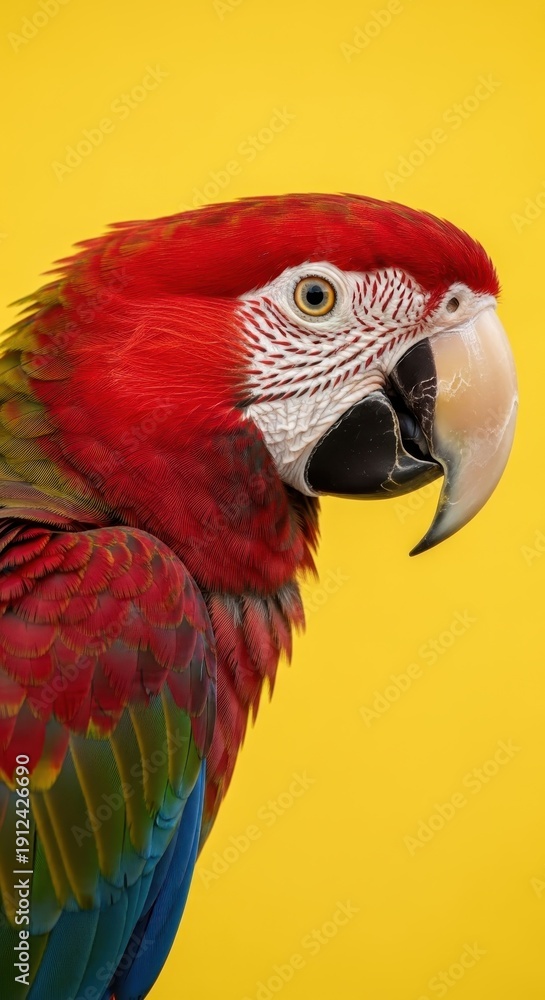 Obraz premium Close-up of a vibrant scarlet macaw against a yellow background.