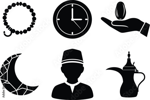 Iconic symbols representing time, faith, charity, and middle eastern culture