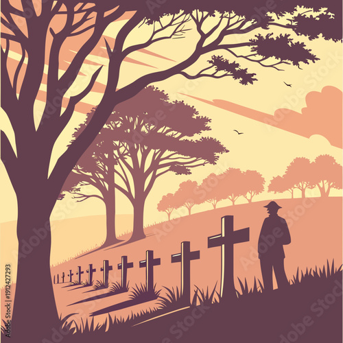 American Cemetery Crosses Silhouette at Sunset, Memorial Day Remembrance Graphic
