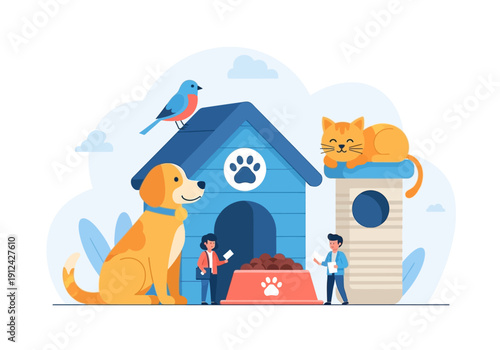 Cute Pet Care Illustration with Dog, Cat, Bird and Pet Accessories Vector Art