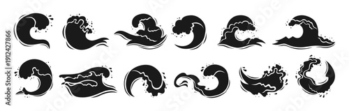 Sea wave silhouette Icon set with various water splashes, flowing waves and abstract ocean shapes. Wave icons graphic dynamic liquid motion, modern marine elements and fluid aquatic forms illustration