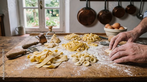Fresh Homemade Italian Pasta Preparation on Rustic Wooden Board with Flour Dust, Various Shapes like Tagliatelle and Orecchiette, Hands Kneading Dough in a Traditional Farmhouse Style Kitchen