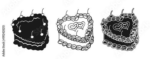 Cake hand drawn sketch in doodle linear, silhouette and engraving style set. Cake for wedding or birthday, valentines day. Vintage heart shaped whimsical symbol of party celebration cake with cherries