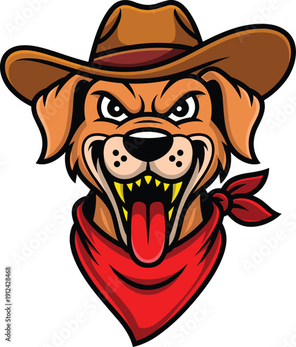 A bold vector mascot illustration of a fierce snarling dog wearing a brown cowboy hat and a red bandana scarf isolated on a white background.