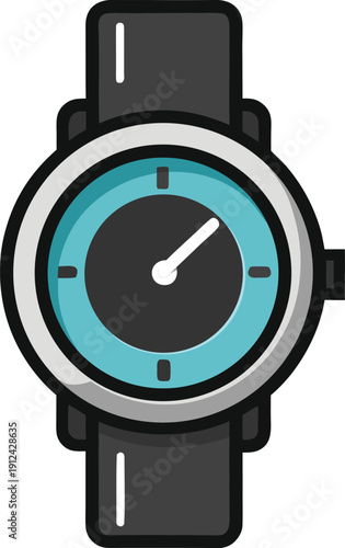 A sleek black wristwatch with a blue circular dial and white hour markers