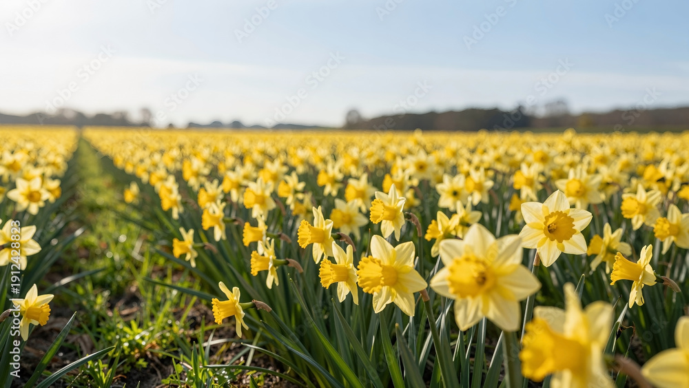 Fototapeta premium Vibrant Daffodil Field Landscape with Rows of Yellow Flowers Blooming in Spring
