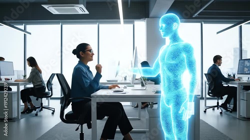 Businesswoman interacting with a glowing blue humanoid figure in a modern office with coworkers in the background.