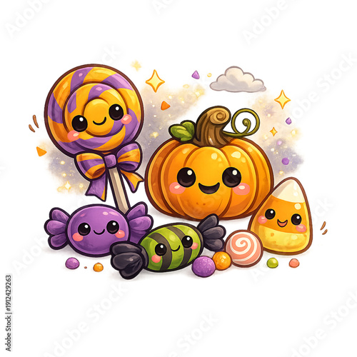 kawaii halloween candy collection, cute spooky sweets, pastel halloween treats, adorable candy characters, chibi candy illustration, candy corn and lollipops, smiling chocolate bars, pumpkin shaped ca