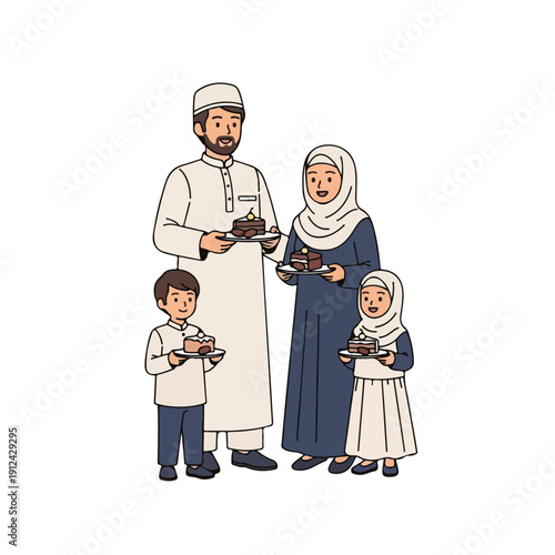 Muslim family in traditional clothes holding food plates together