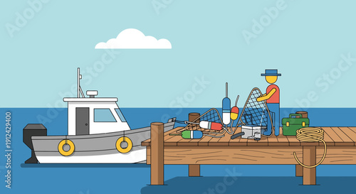 Fisherman preparing nets and boat on a wooden pier by the sea